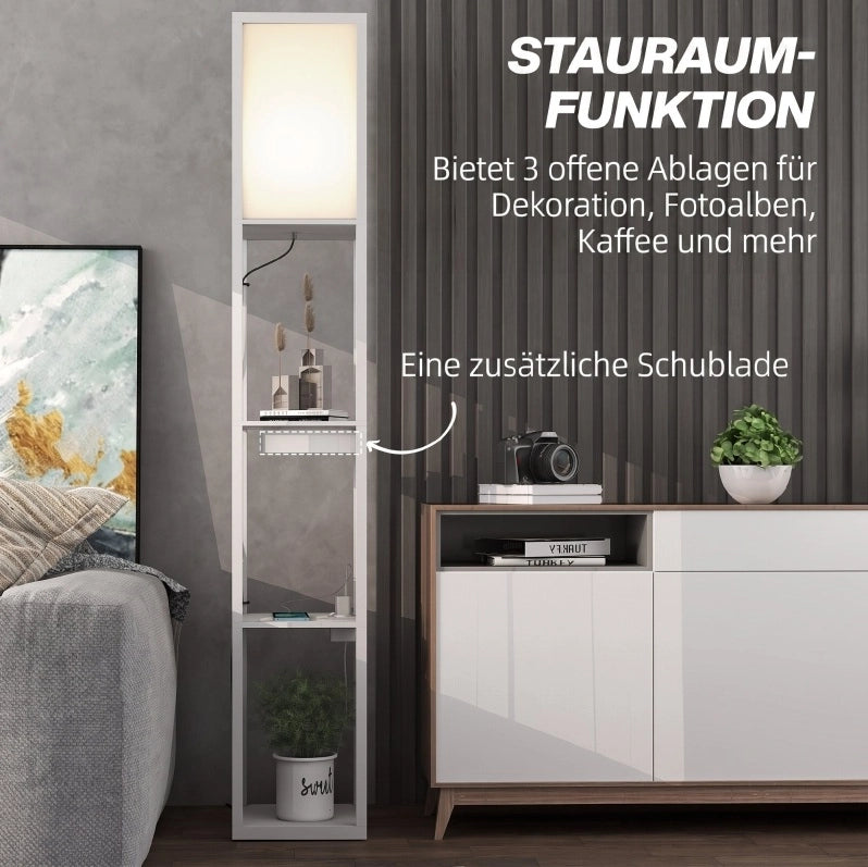 Lampada da terra bianca in MDF con 3 ripiani, interruttore a pedale e porte USB