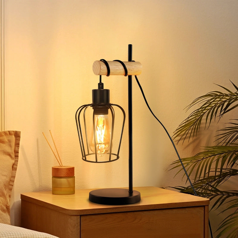 ZMH Lampada da tavolo vintage legno nera metallo E27 1 luce senza lampadina per soggiorno comodino