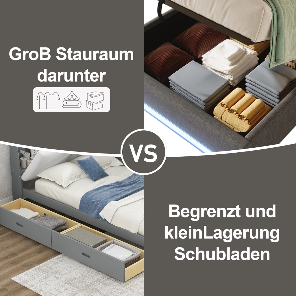 Letto contenitore 90 × 200 cm con LED USB e porta Type-C in lino grigio