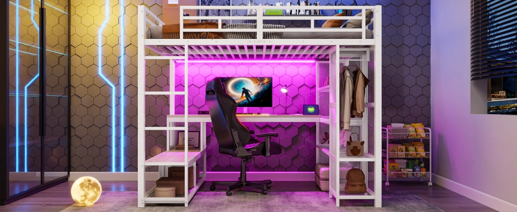 Letto a soppalco 140 × 200 cm con scrivania armadio aperto LED USB in metallo e MDF bianco