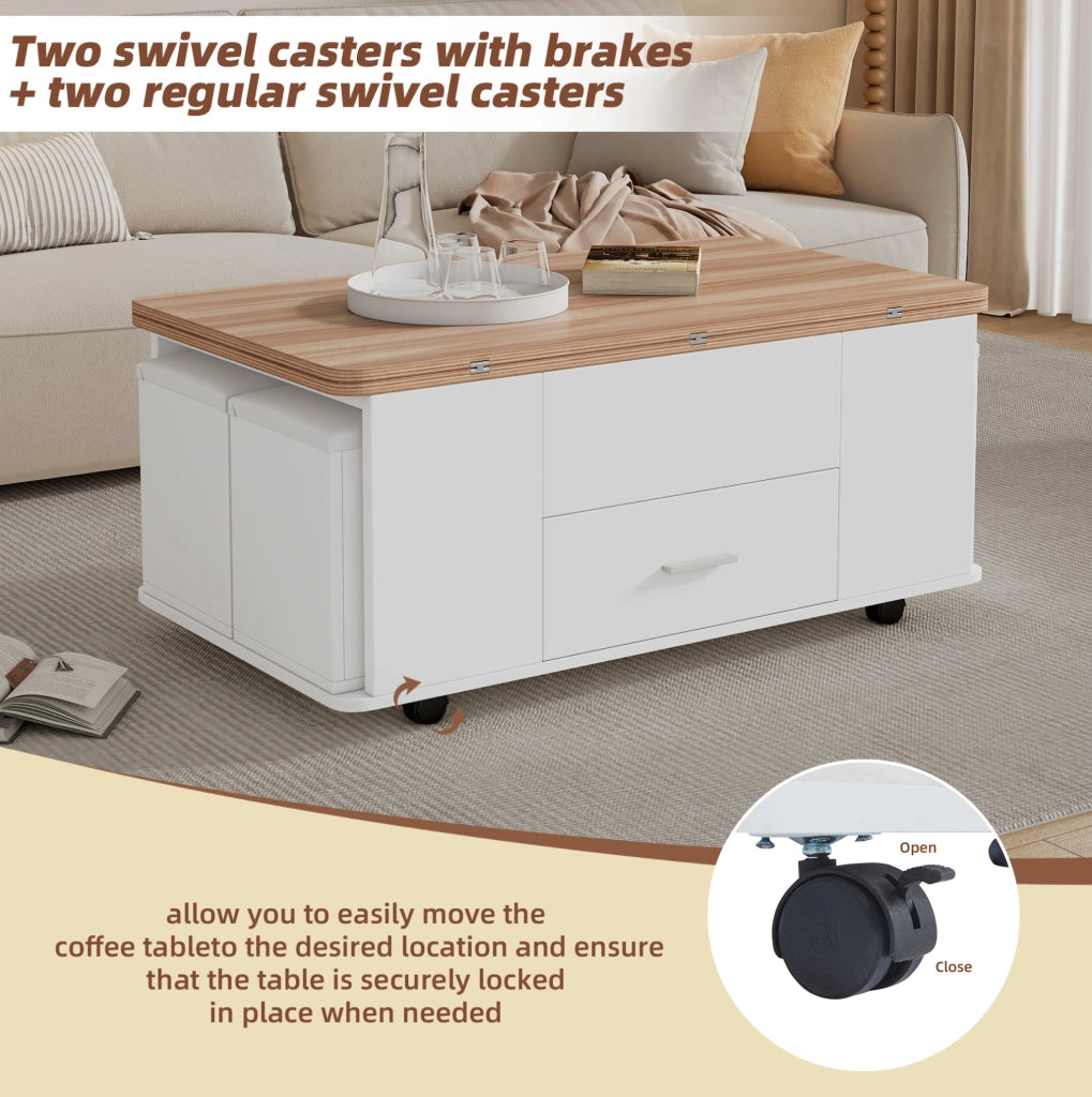 Tavolino trasformabile elevabile 100x50 cm con 4 sgabelli; cassetto e ruote; bianco