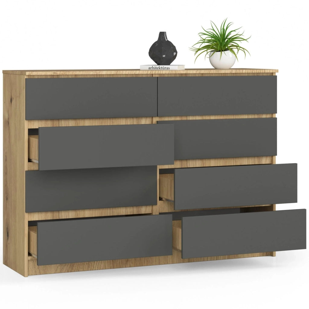 Cassettiera AKORD K140 Quercia Artisan 138 cm 8 cassetti inserto frontale Grigio Grafite 138x40x99 cm