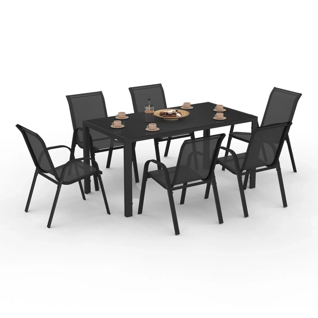 IDMarket - Set di mobili da giardino MADRID tavolo 150 CM e 6 sedie impilabili nero