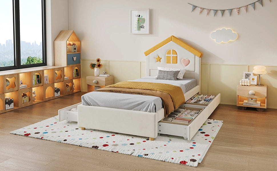 Letto per bambini imbottito 90 × 200 cm con 4 cassetti in velluto beige testiera a casetta rete a doghe