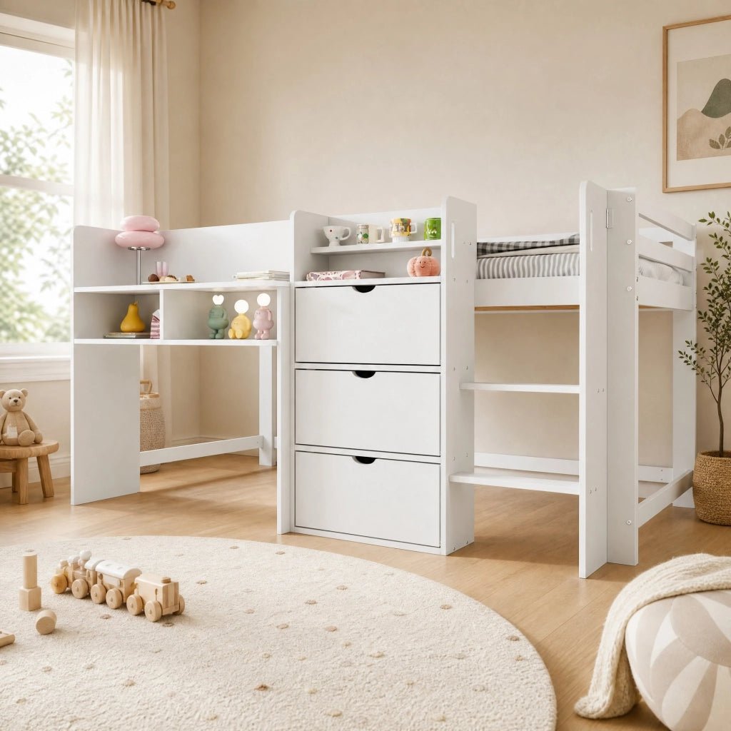 Letto a soppalco per bambini 90x200 cm in pino bianco con contenitori