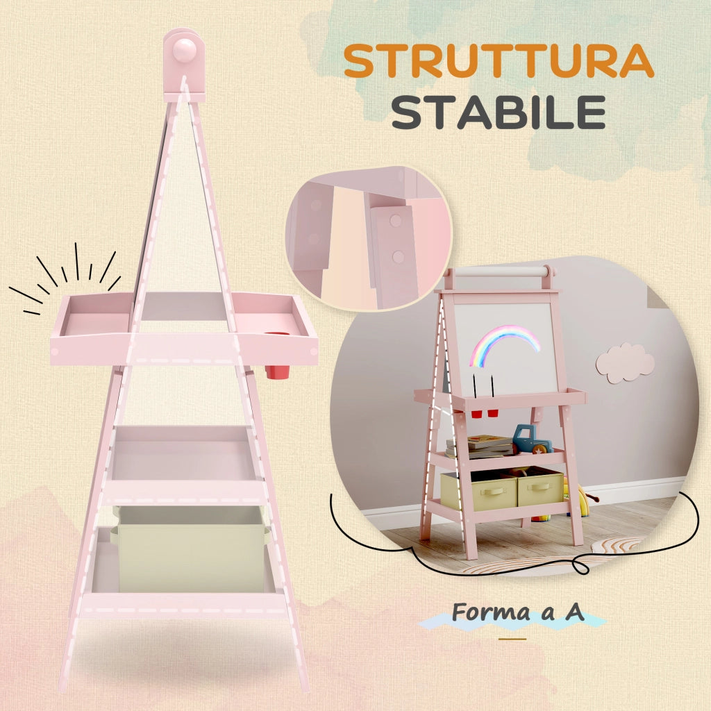 Lavagna per Bambini con Cavalletto 3 in 1 in Legno Rosa con Rotolo Carta e 2 Contenitori Multiuso 59x48x118 cm