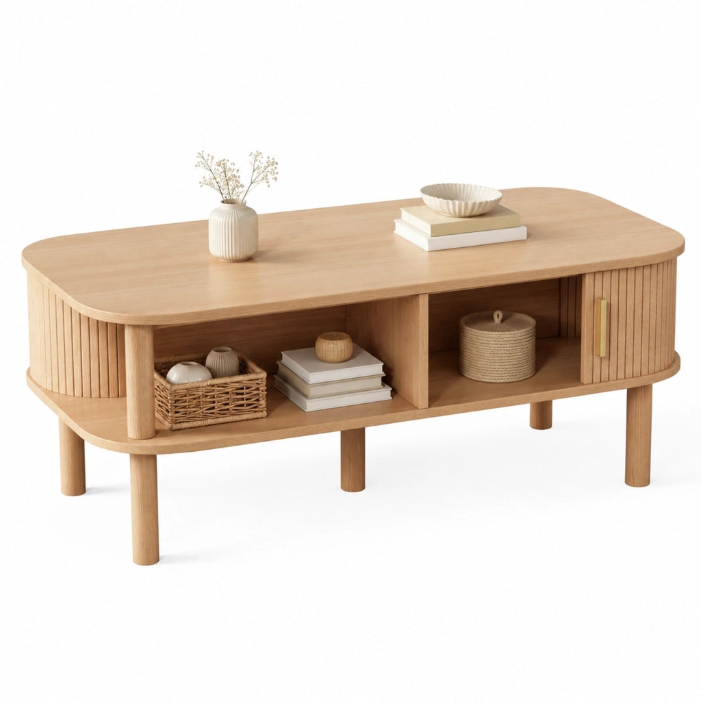Tavolino da caffè 110x55x45 cm in MDF con anta scorrevole e vani; naturale