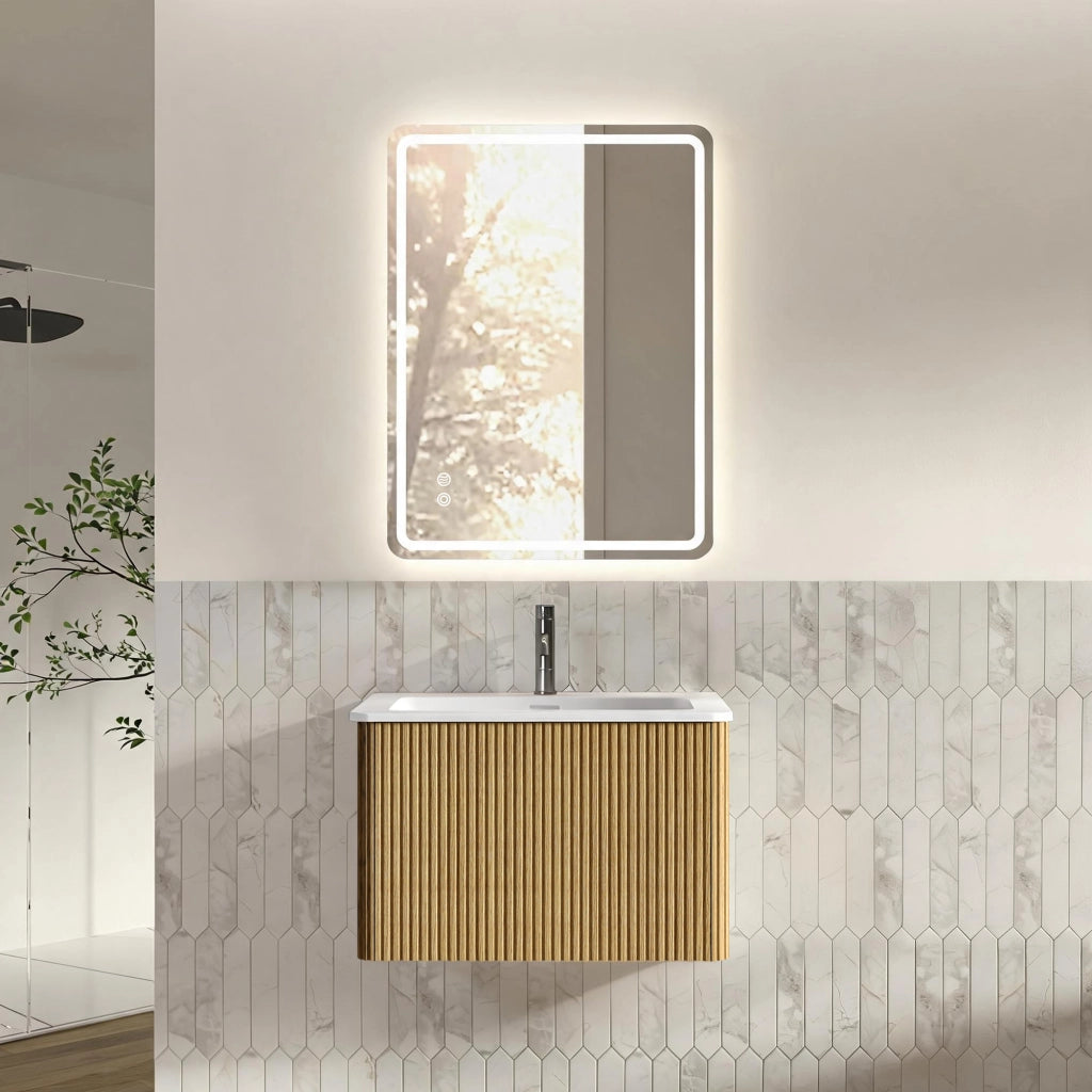 Set mobili bagno sospeso con specchio LED e lavabo integrato in vetro MDF compensato e solid surface rovere