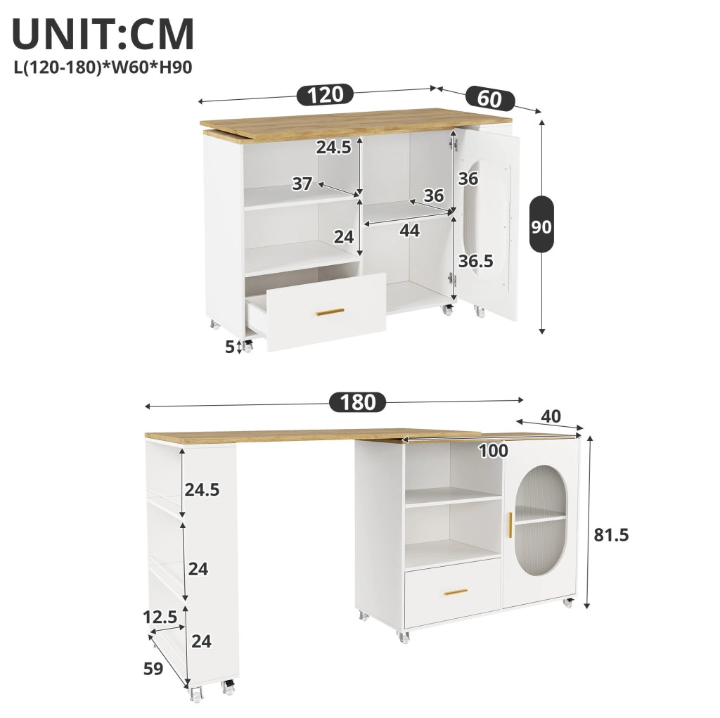 Isola da cucina mobile con piano girevole 360°, con spazio contenitivo, cassetto e ripiano regolabile, 120–180×60×90 cm, bianco e finitura naturale