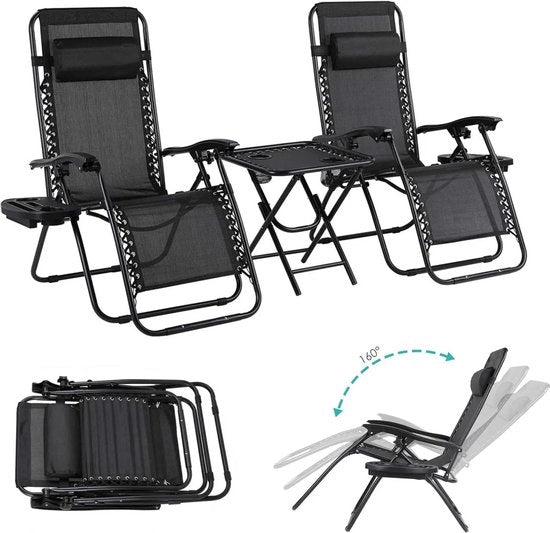 Set di poltrone a 3 dimensioni - Zero Gravity - regolabili - con tavolo e cuscini per testa - beige/nero