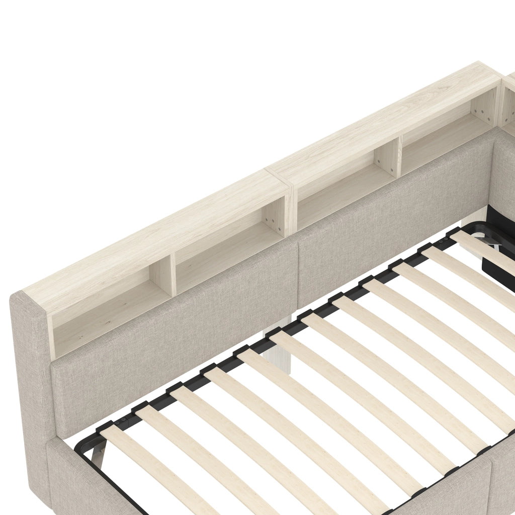 Letto divano 90 × 200 cm singolo con contenitore idraulico; LED regolabile; USB e Type-C; senza materasso; beige