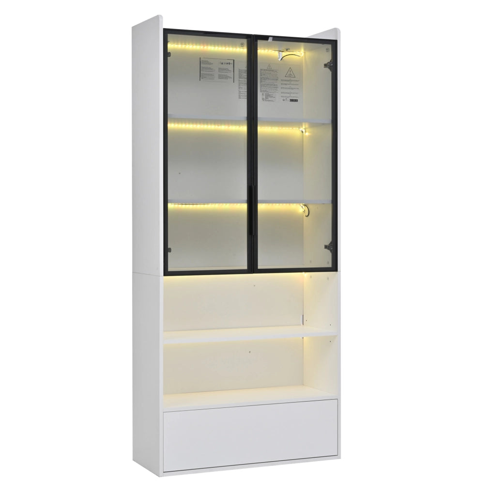 Vetrina alta bianca 80x34x180 cm con 1 cassetto, ante in vetro e illuminazione LED controllabile via app