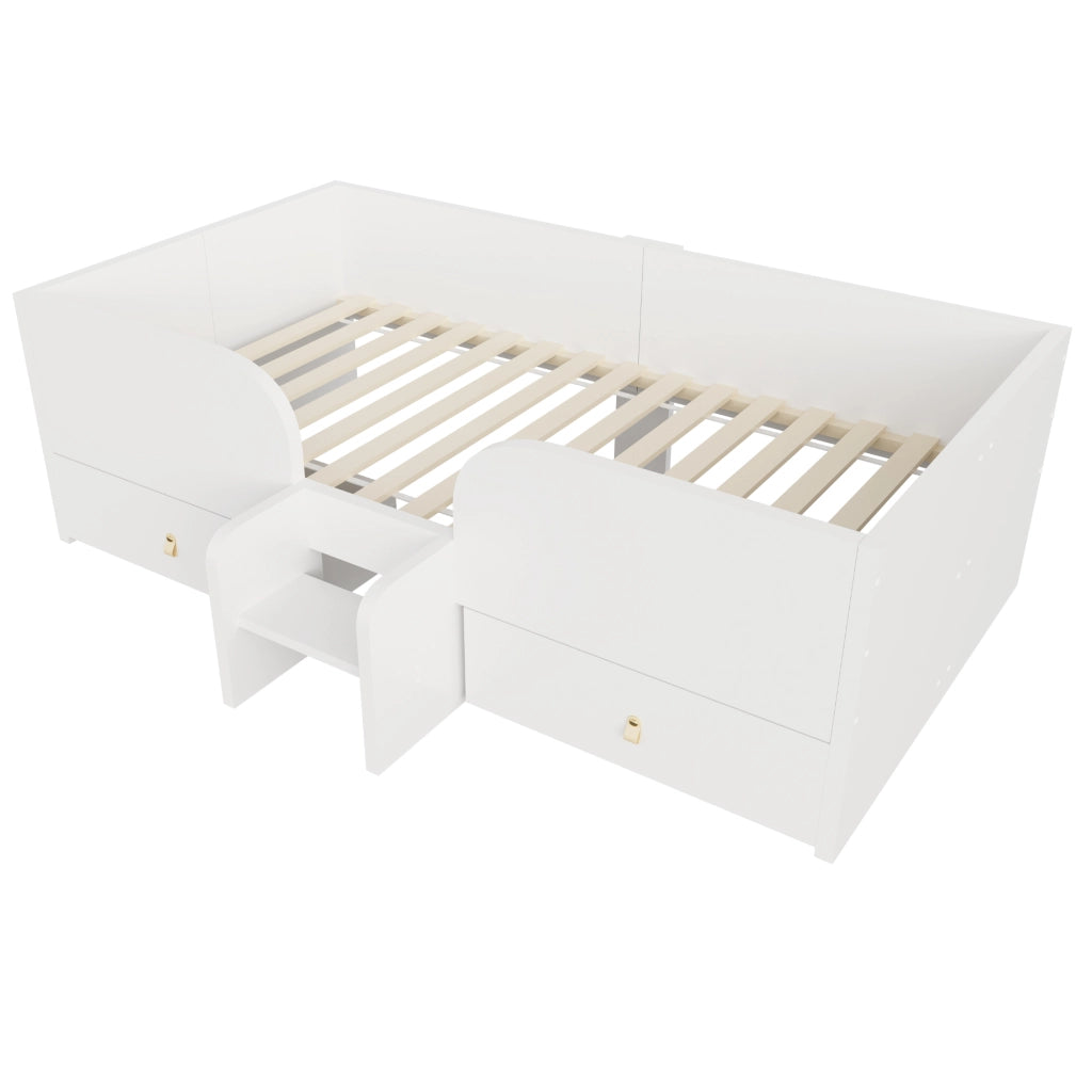 Letto per bambini 90x200 cm con 2 cassetti e scaletta di sicurezza; MDF e compensato bianco