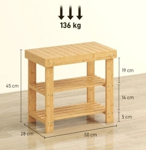 Panca porta scarpe in bambù naturale con 2 ripiani e seduta 50x28x45 cm per ingresso e corridoio
