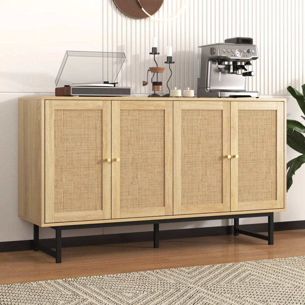 Sideboard 140x39,5x80 cm con intreccio in vero rattan, 4 ante