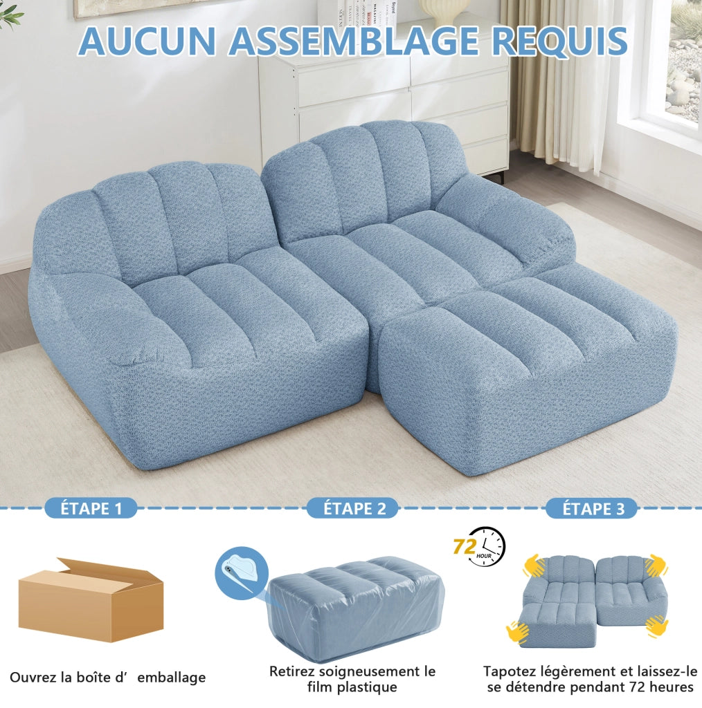 Divano angolare modulare 210x165x79 cm in tessuto blu, senza montaggio
