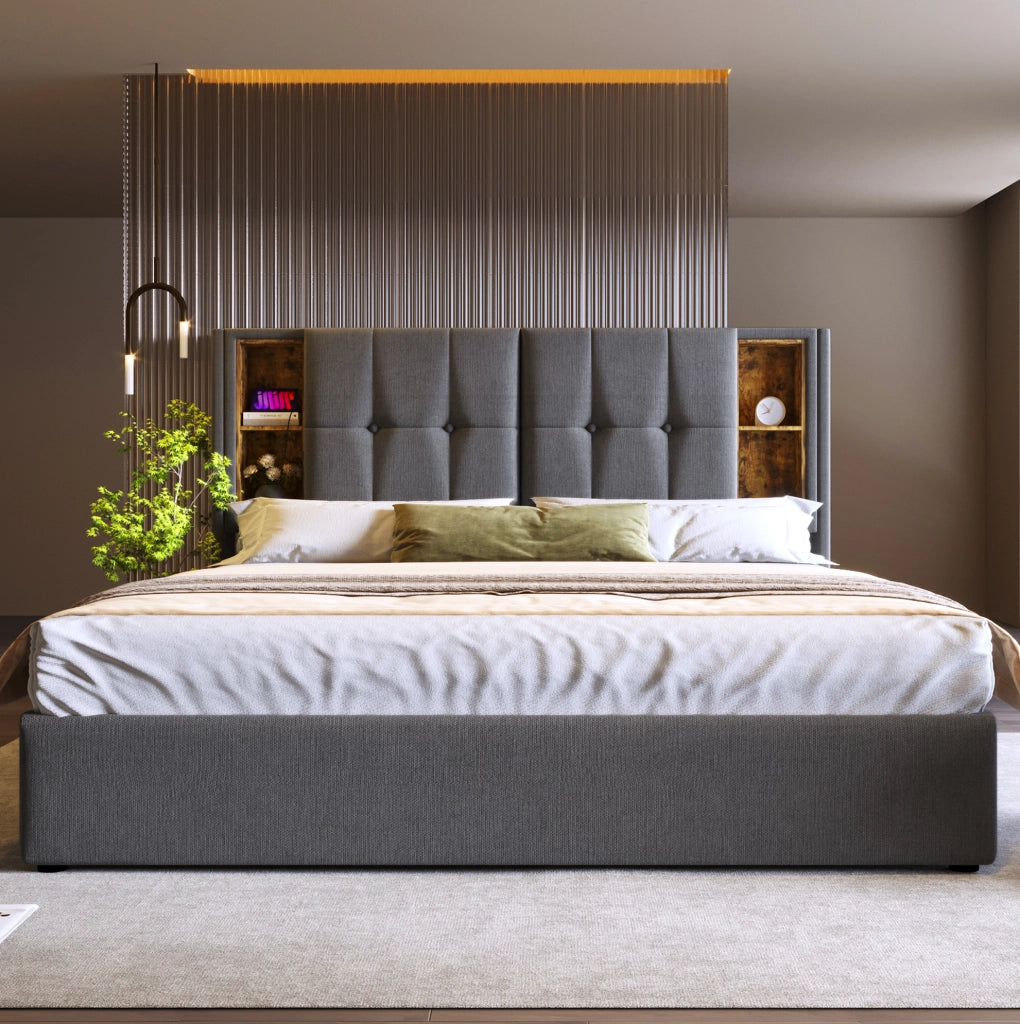 Letto imbottito 140x200 cm con contenitore; ricarica wireless; USB e Type-C; grigio