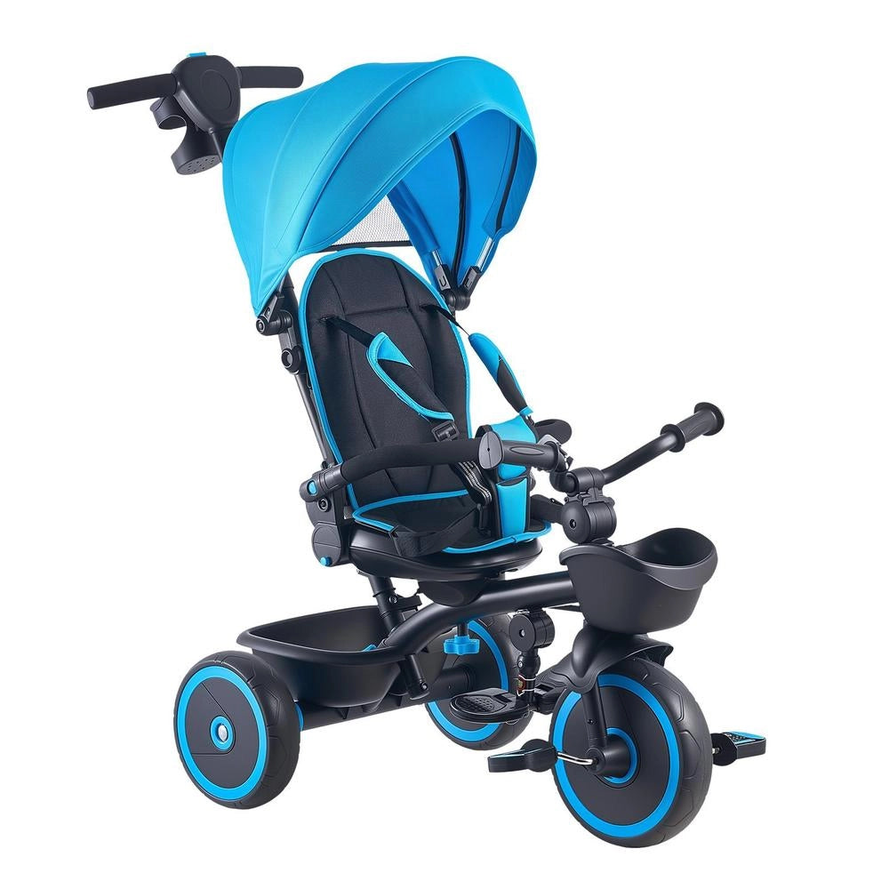 Triciclo Convertibile Bambini 1-5 Anni Tettuccio Rimovibile Maniglia Regolabile Sedile Girevole Cestino Carico 25 kg Blu Nero