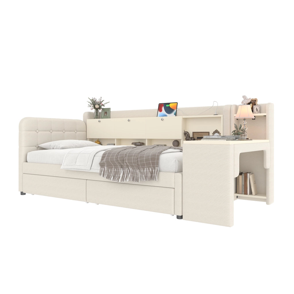Letto giorno funzionale in lino beige 90x200 cm