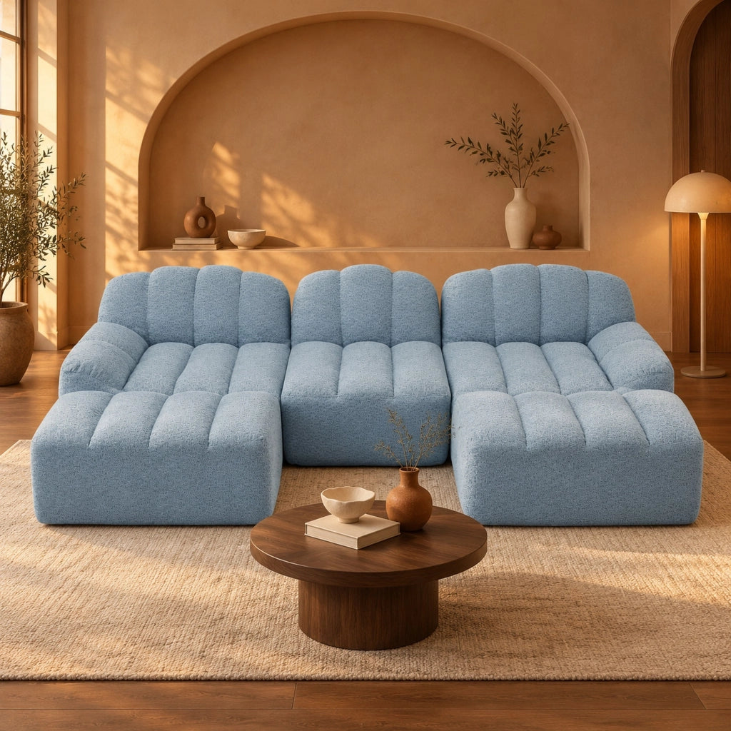 Divano modulare a U 288x165x79 cm in schiuma e tessuto blu