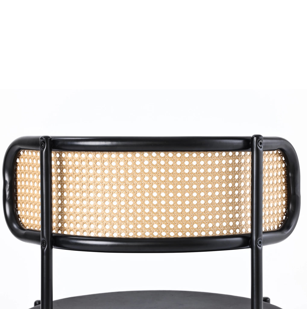 Set di 4 sedie da pranzo in velluto nero con schienale in rattan e gambe in metallo