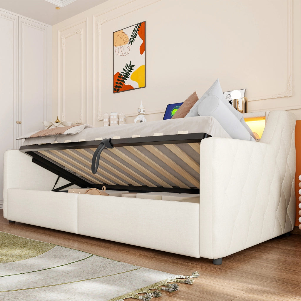 Letto contenitore 90 × 200 cm con vano idraulico LED; testiera sospesa USB e USB-C; lino e MDF beige
