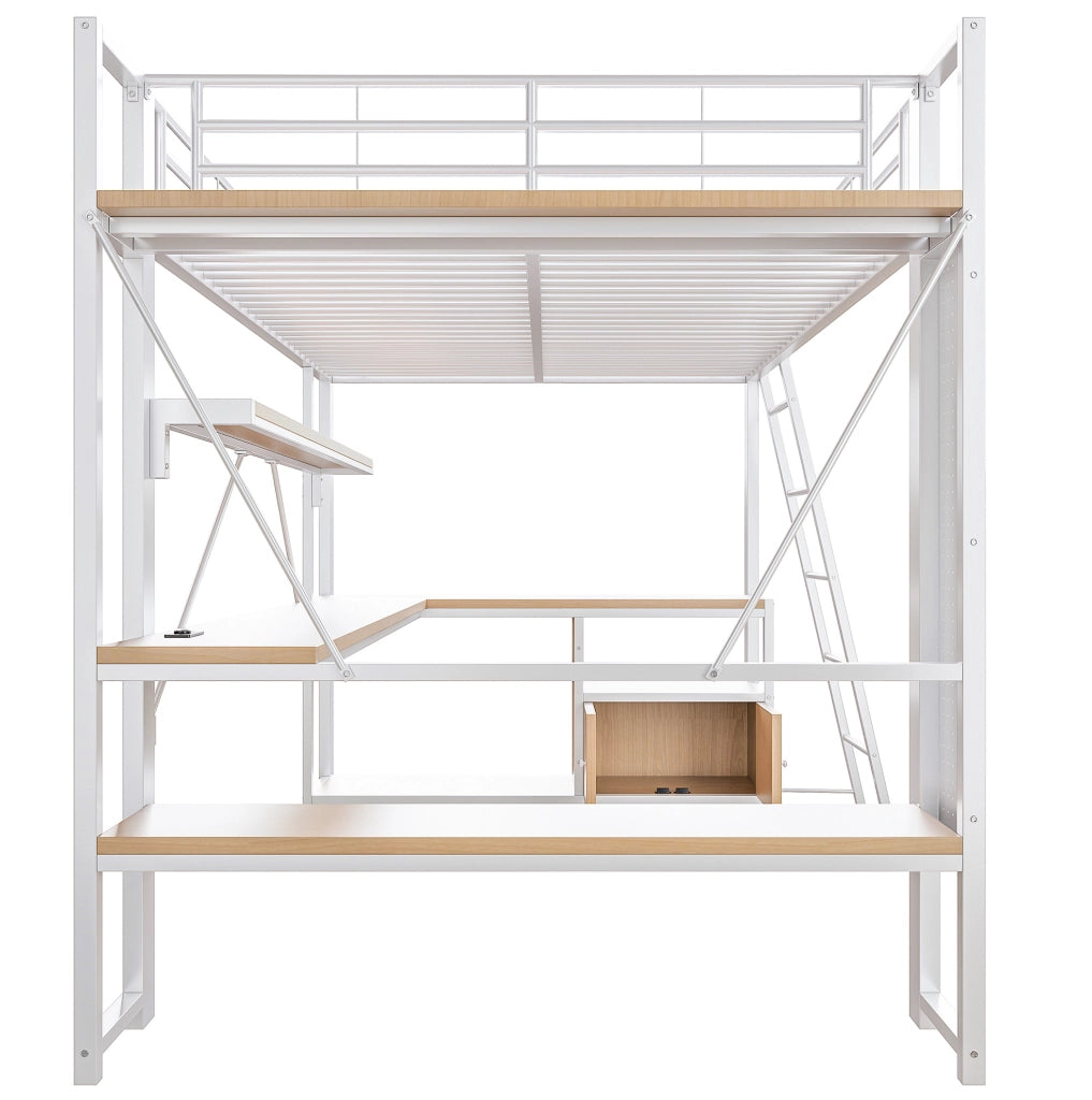 Letto a soppalco 140x200 cm con struttura in ferro, scrivania integrata, LED, ripiani, pannello forato e porta USB, bianco