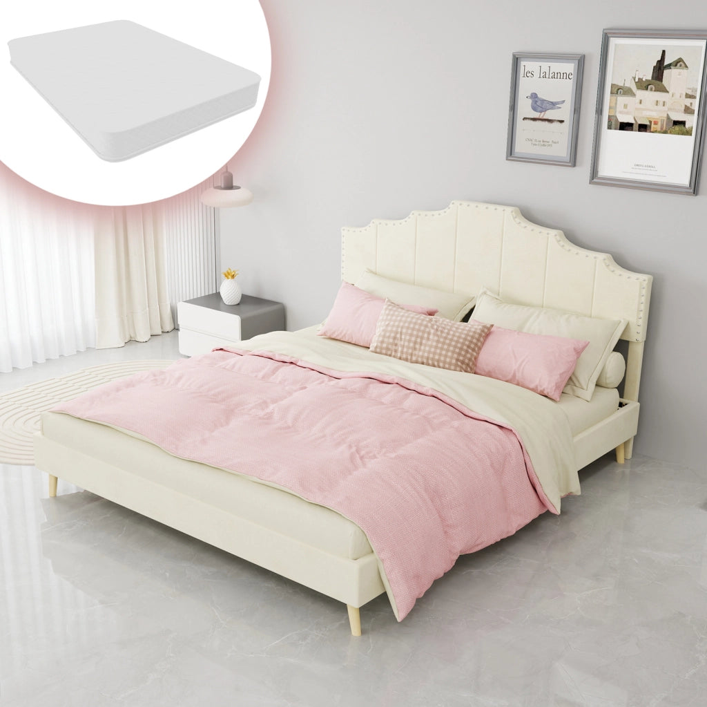Letto moderno minimalista 160x200 cm beige con testiera imbottita e materasso incluso