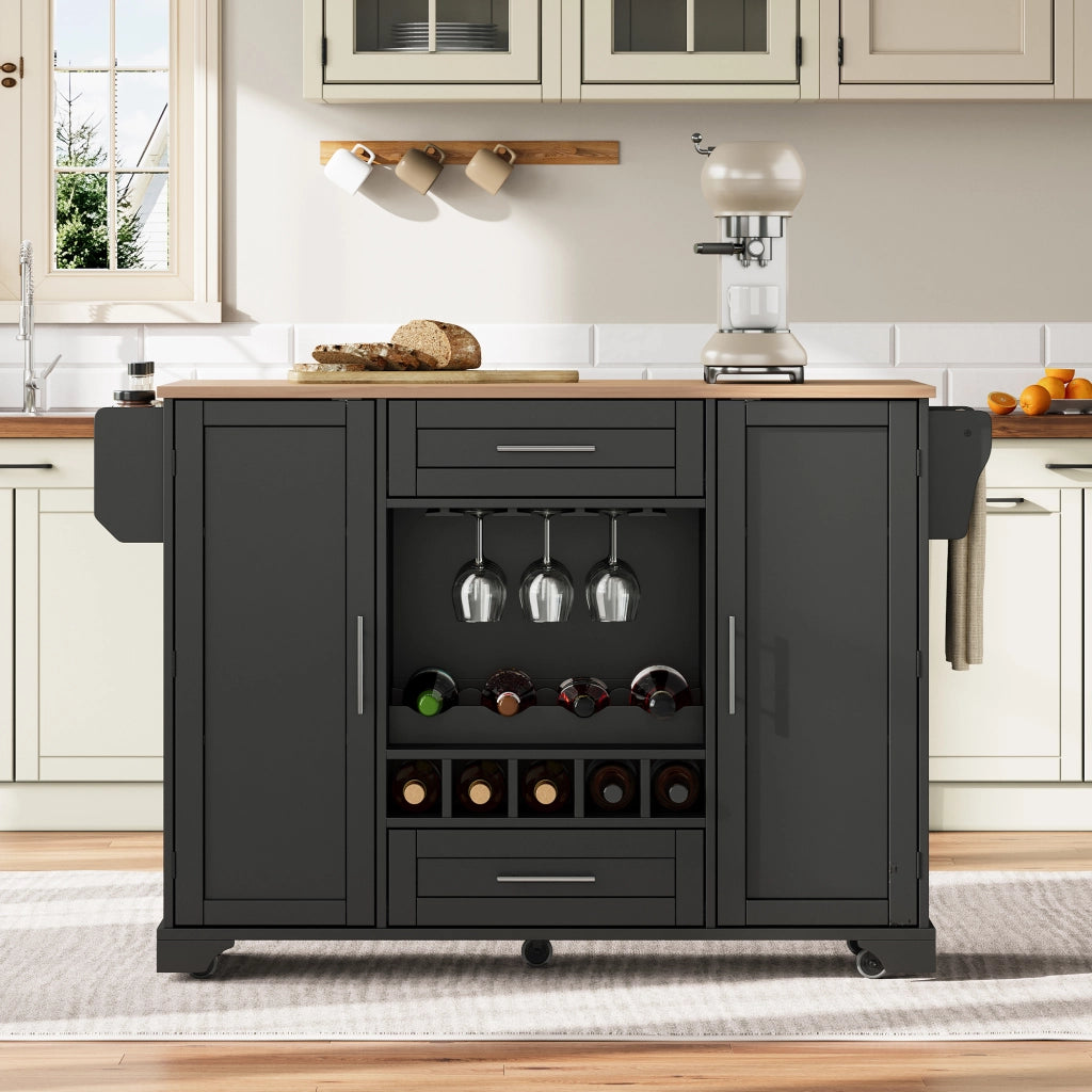 Carrello da cucina con piano pieghevole; 2 armadi; 2 cassetti; portabottiglie; portabicchieri e ruote