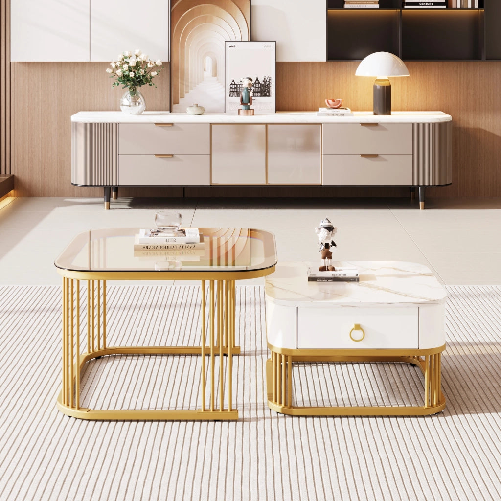 Tavolini da salotto a incastro con 1 Cassetto; Effetto Marmo Lucido e Vetro Color Tè; Moderno; in MDF; Bianco