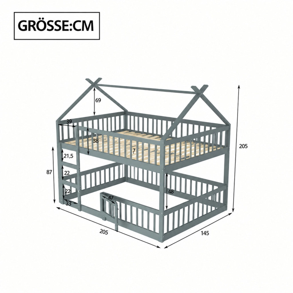 Letto a castello per bambini 140 × 200 cm con scala in legno grigio porta apribile e sponde alte