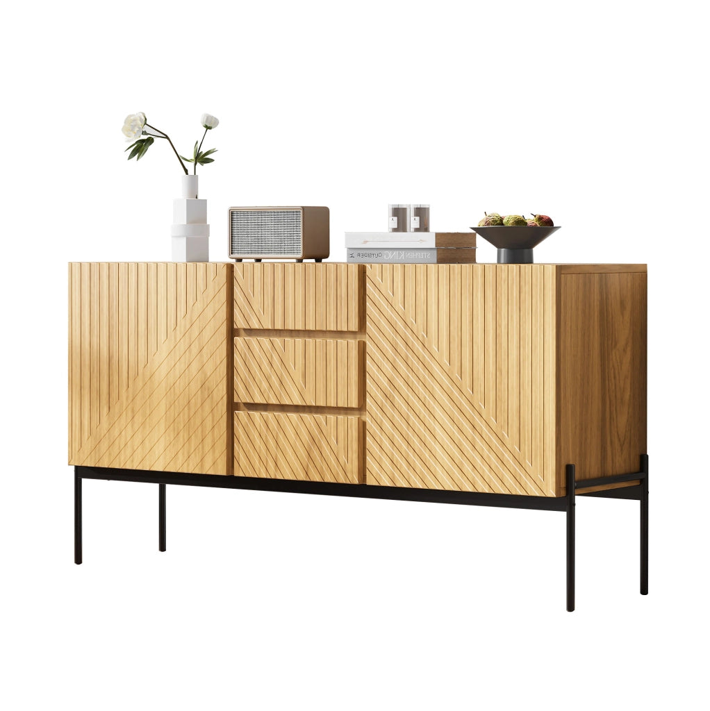 Credenza con 2 ante e 3 cassetti, gambe in metallo, mobile TV, buffet con design a linee, dimensioni H75 x L140 x P40 cm, colore naturale