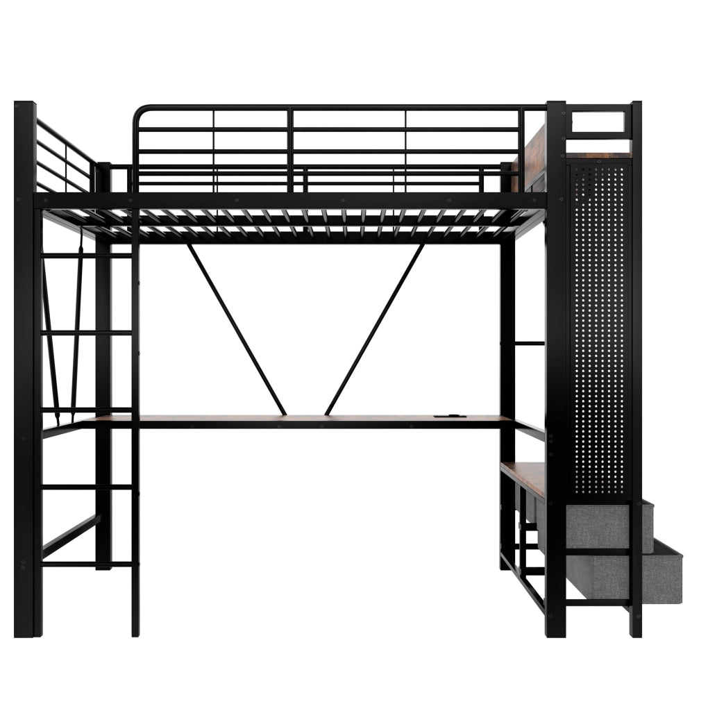 Letto a soppalco 90x200 cm con scrivania, 4 cassetti, LED e USB-C nero