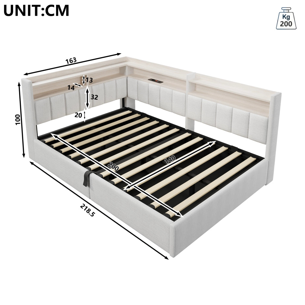 Letto contenitore 140 x 200 cm con contenitore idraulico, LED e USB-A/Type-C, letto imbottito in velluto bianco crema con vani laterali reversibili