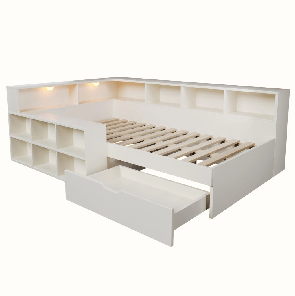 Letto singolo 90x200 cm in legno bianco con contenitore; prese USB e luci integrate