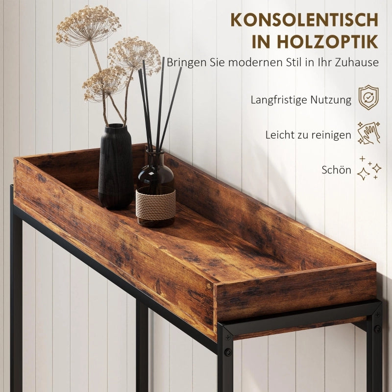Consolle stretta con protezioni laterali in truciolare melaminico e metallo marrone rustico 100 × 30 × 91 cm