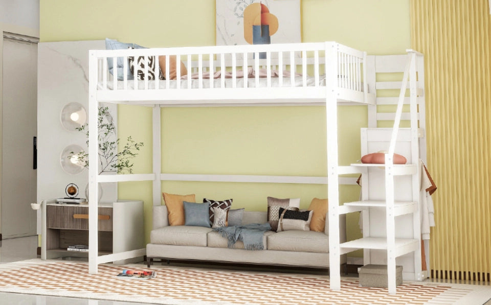 Letto a Castello per Bambini 140x200 cm in Legno Bianco con Scala, Armadio e Mensola Portaoggetti