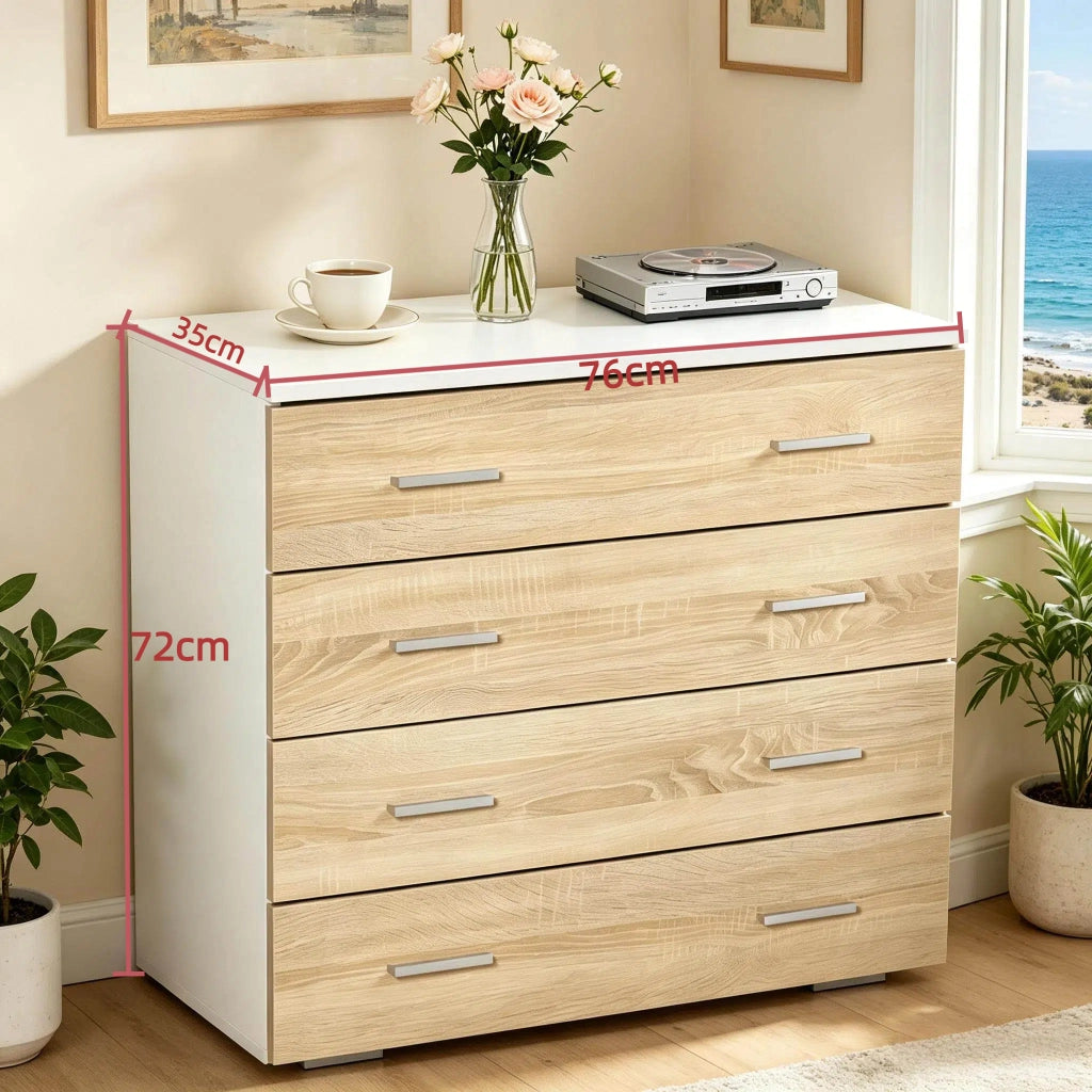 COMÒ con 4 cassetti 76x35x72 cm Bianco e legno chiaro