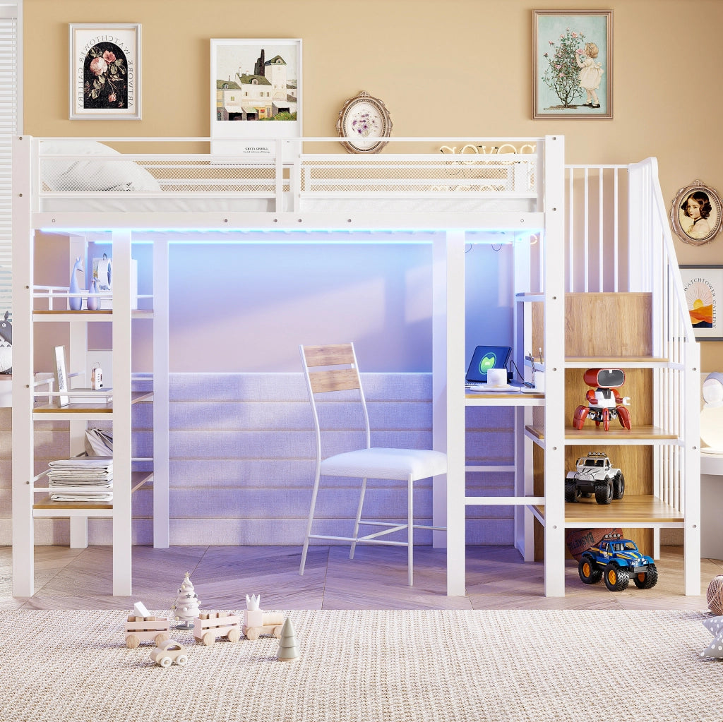 Letto a soppalco 90x200 cm in ferro con luci LED, presa elettrica, mensola e libreria, design multifunzionale, colore bianco