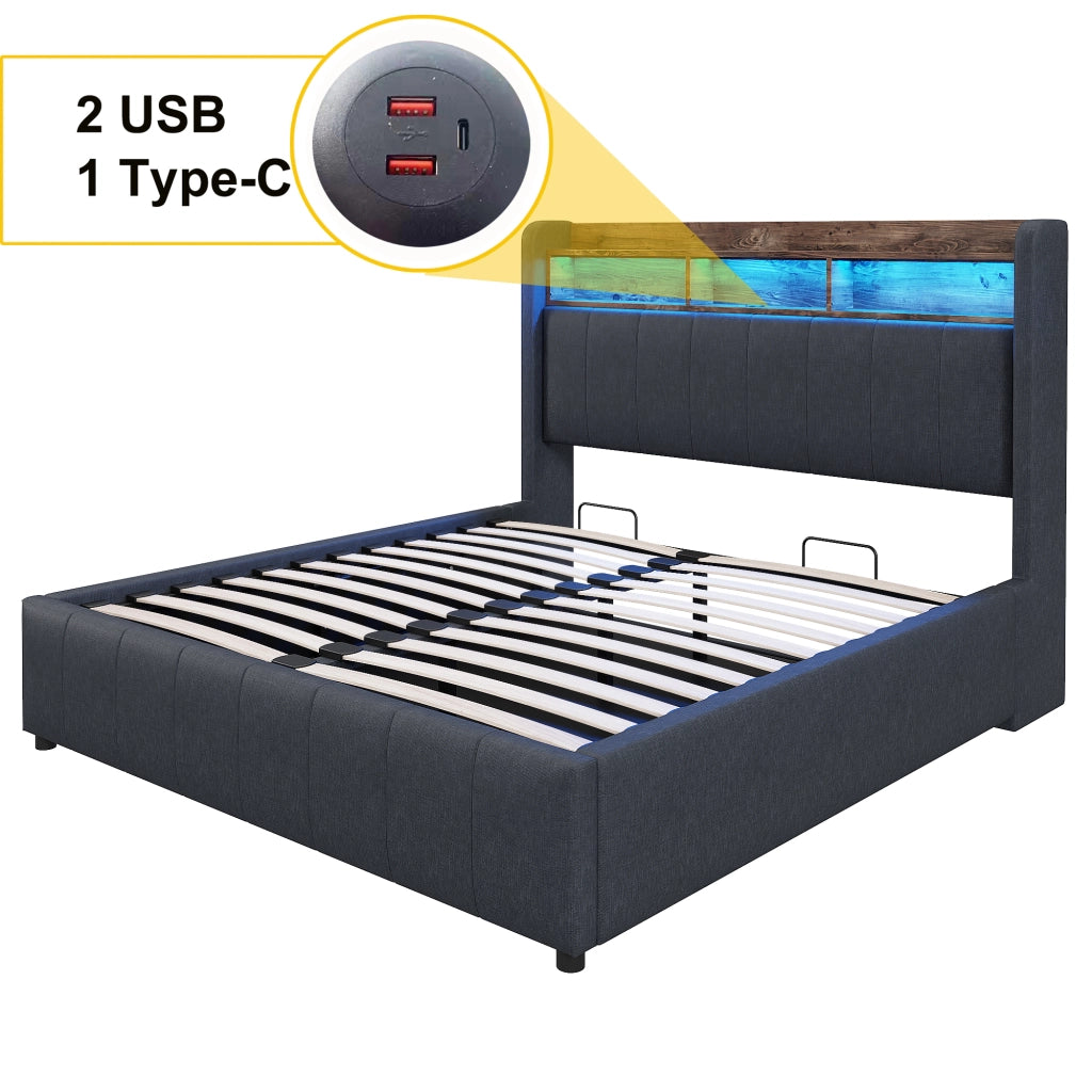 Letto imbottito 140 × 200 cm con contenitore idraulico LED USB e Type-C testiera con ripiani in tessuto di lino grigio
