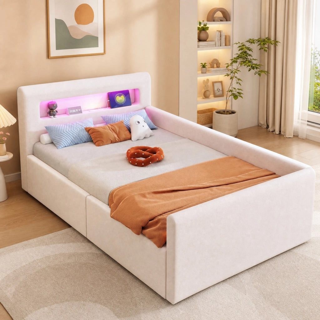 Letto singolo con contenitore 90 × 200 cm imbottito in velluto beige con LED; luce notturna; USB e rete a doghe