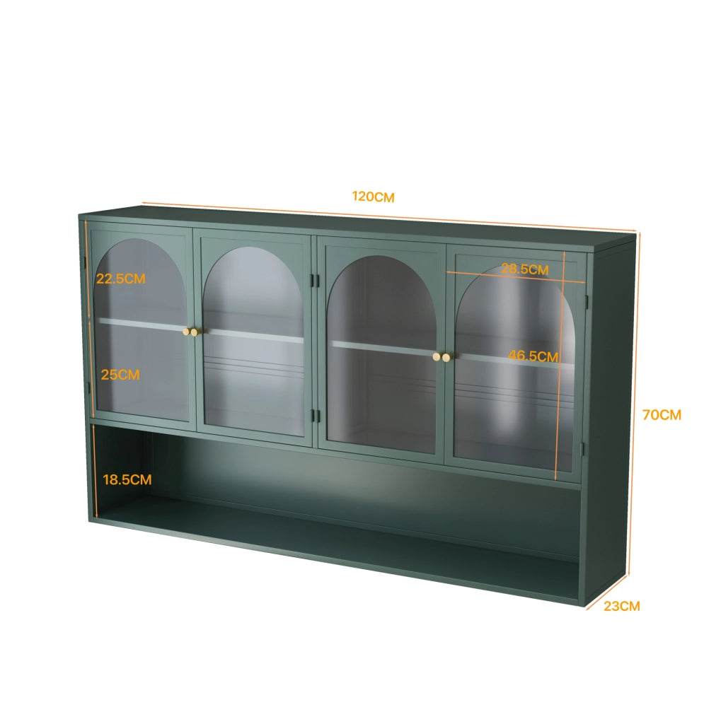Armadio pensile 4 ante in metallo e vetro grigio 120x23x70 cm verde scuro