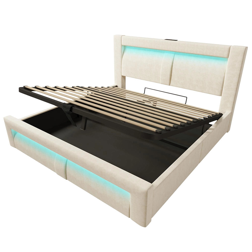 Letto matrimoniale-Xylo-160x200cm idraulico LED USB-C velluto beige