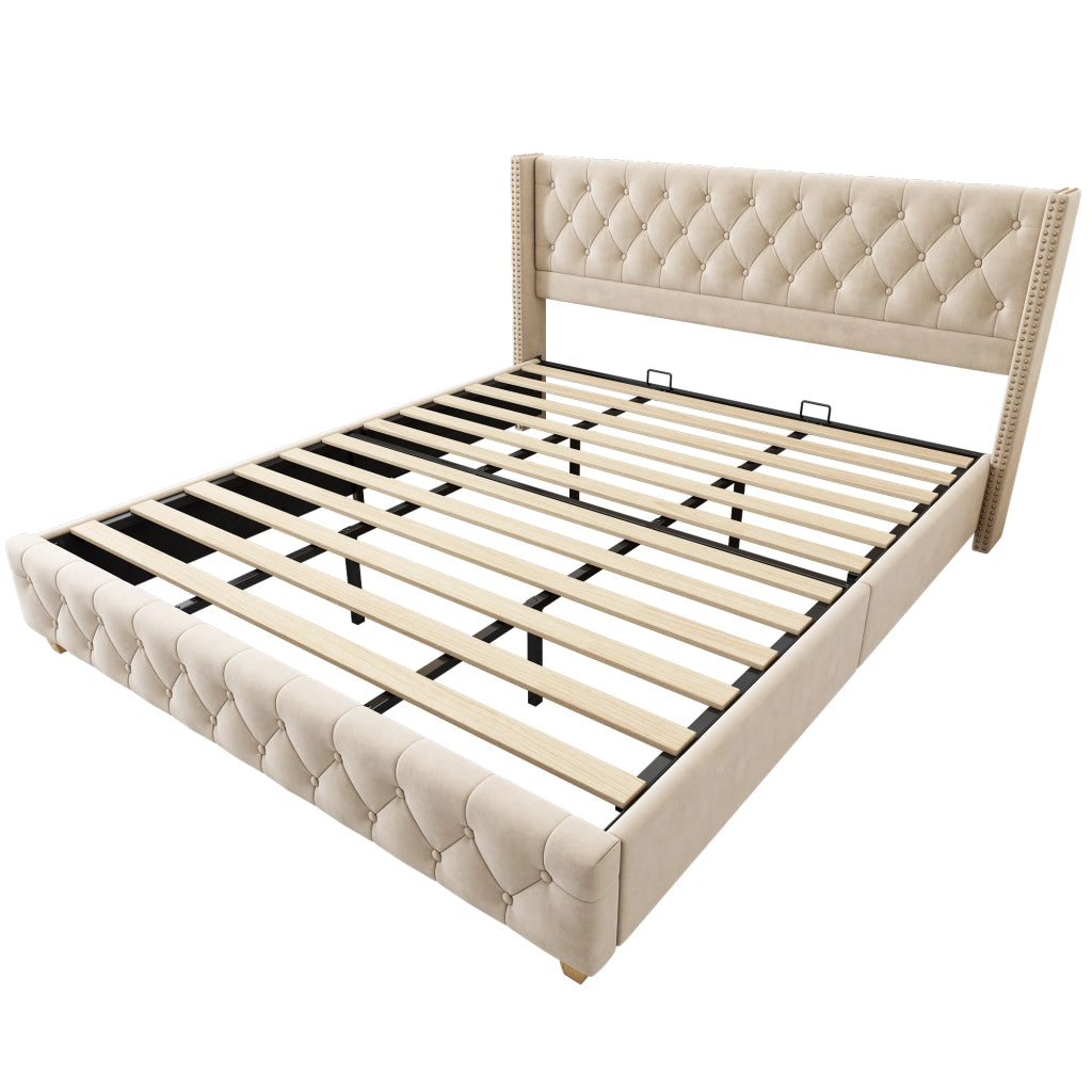 Letto matrimoniale imbottito 180 × 200 cm 2 posti con testiera capitonné; senza materasso; in velluto beige chiaro