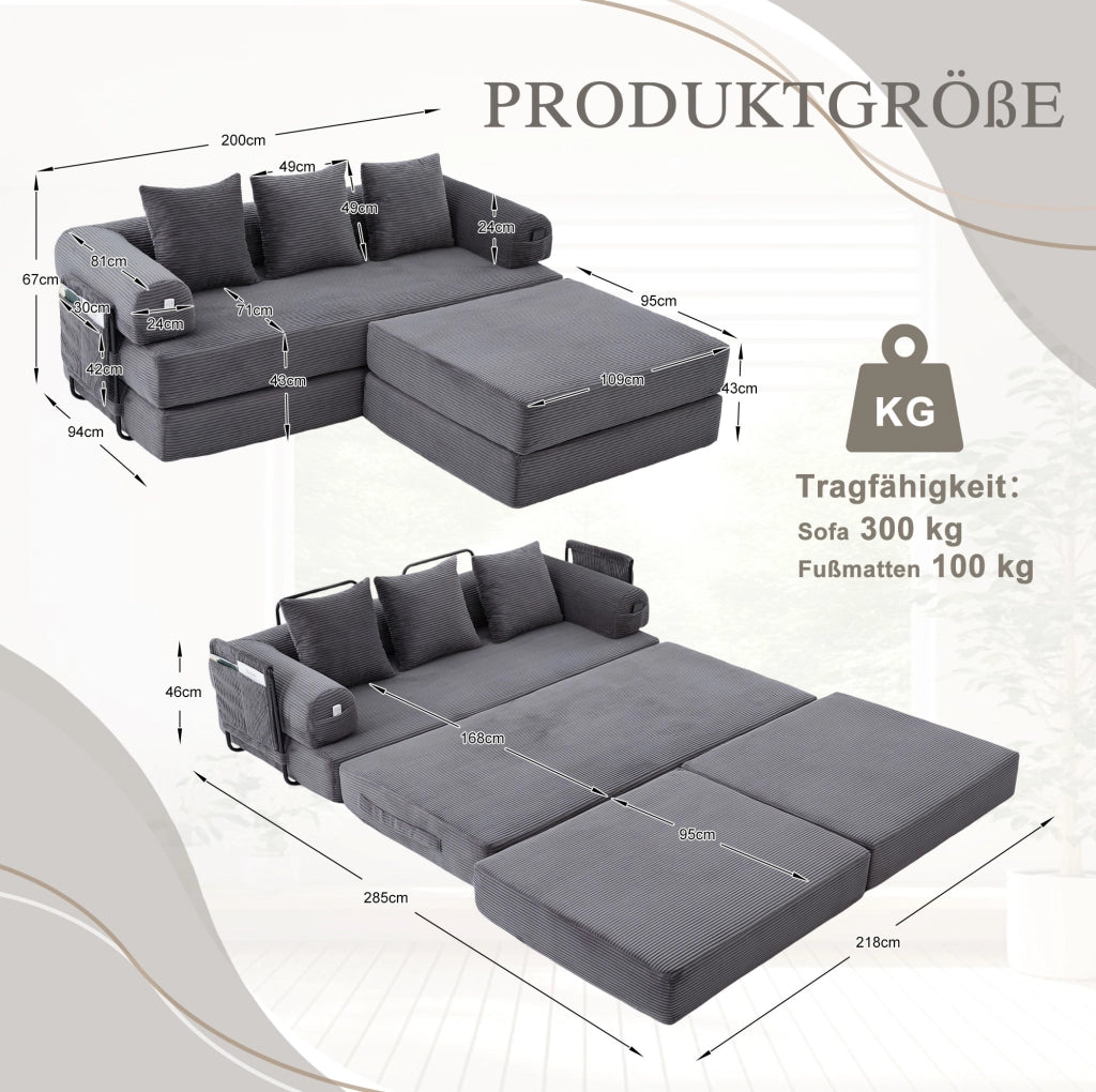 Divano modulare 200x190x67 cm in velluto a coste grigio scuro con tasca laterale
