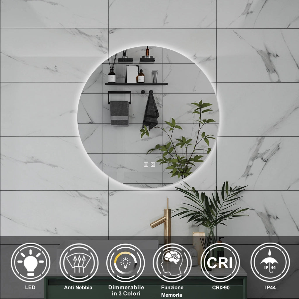 AICA Specchio da bagno 90 x 90 cm, 3 colori, antiappannamento, dimmerabile, interruttore touch, Funzione Memoria