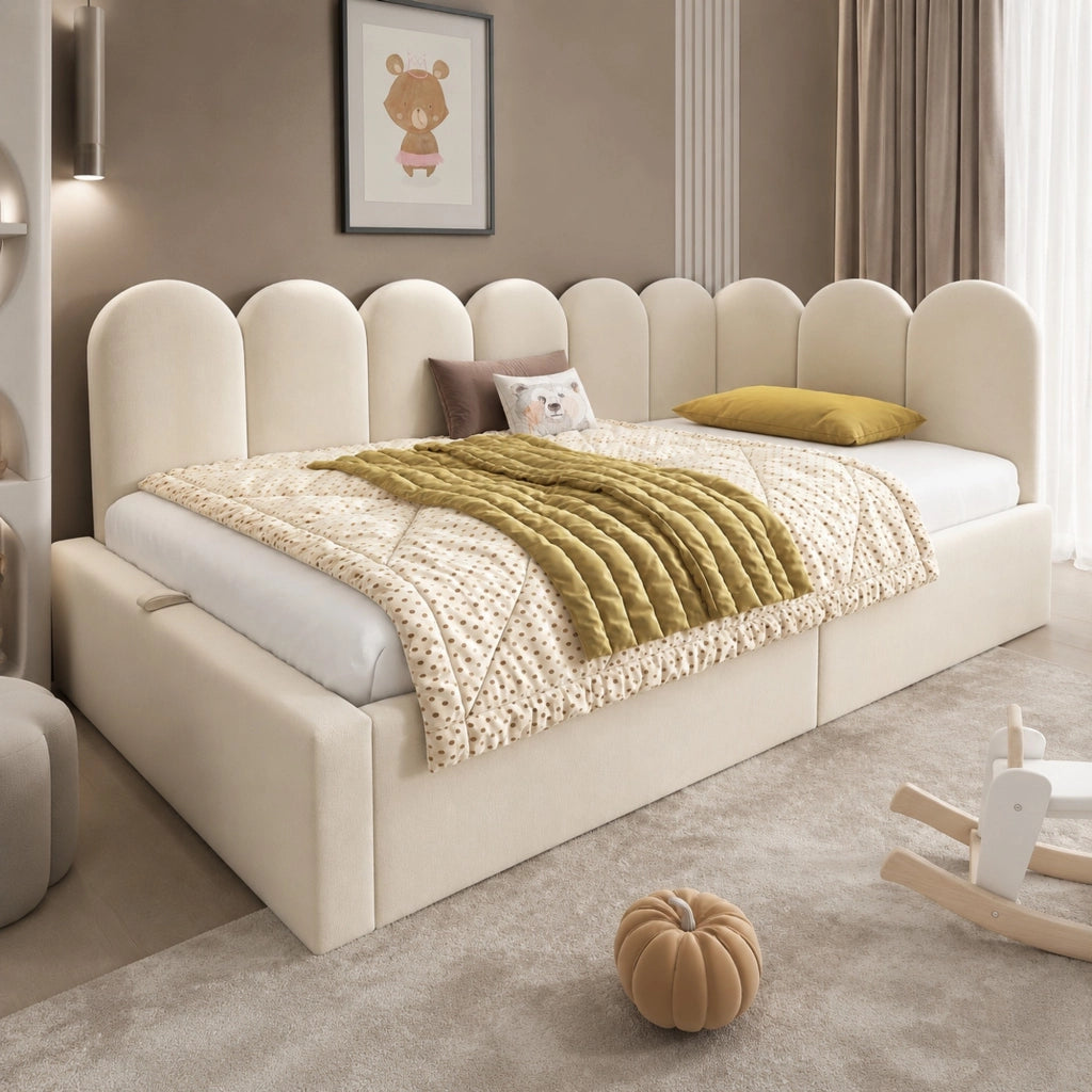 Letto per bambini 90x190 cm con vano contenitore idraulico; divano letto in velluto beige
