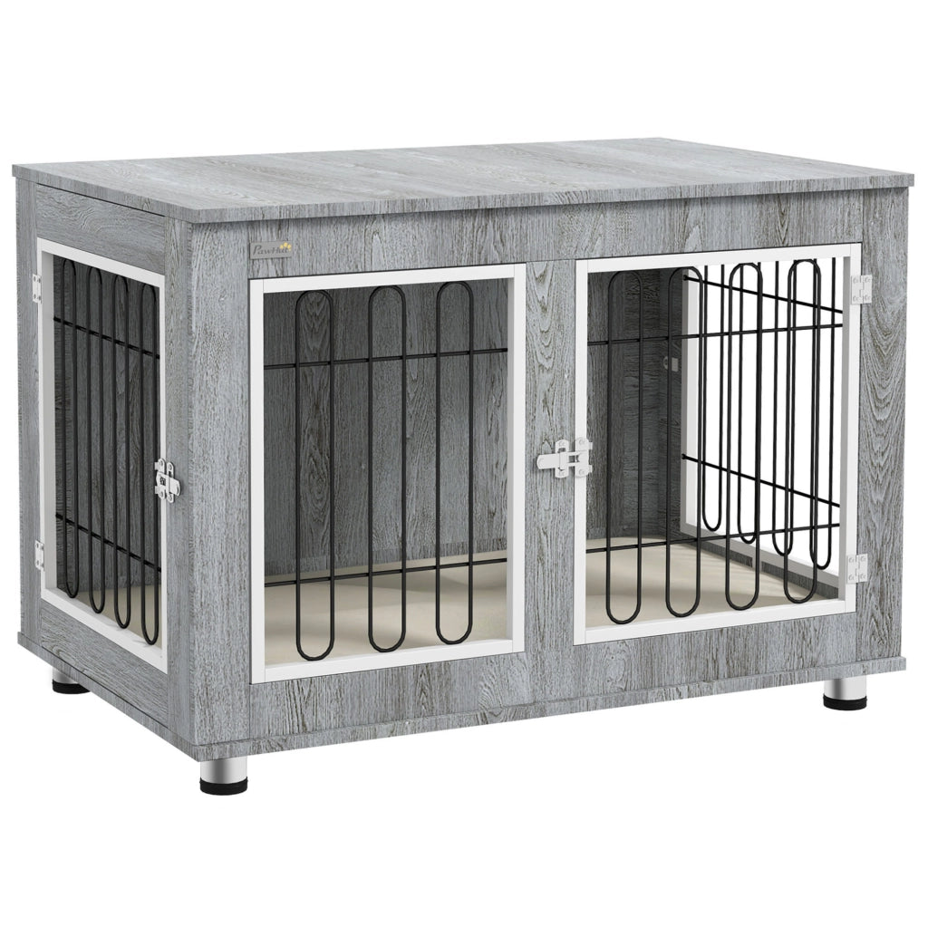 Gabbia per cani ULEVR 90x58x65 cm con 2 porte, cuscino lavabile e piedini regolabili, grigio