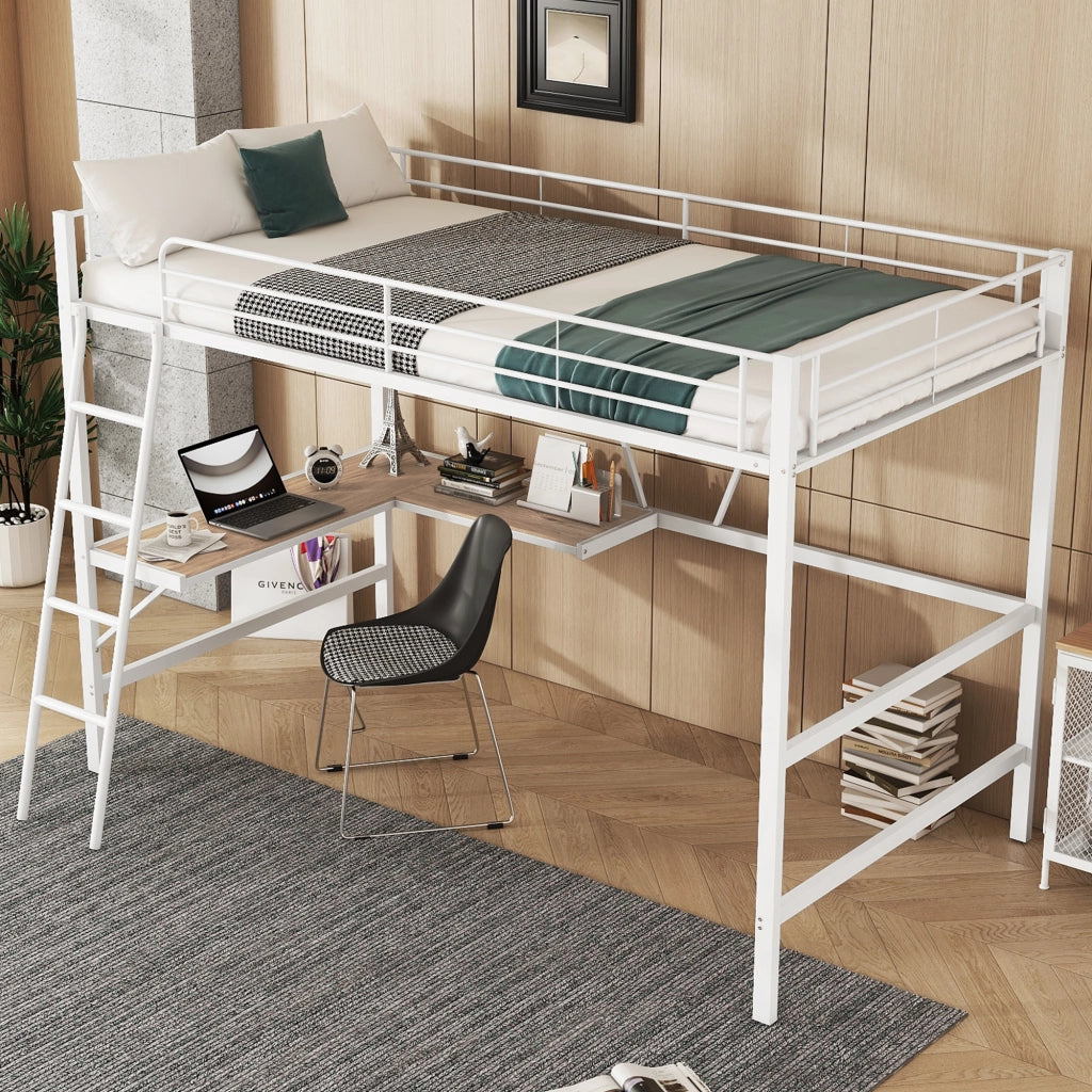 Letto a soppalco 90 × 200 cm con scrivania a L e scaffale in metallo e MDF bianco