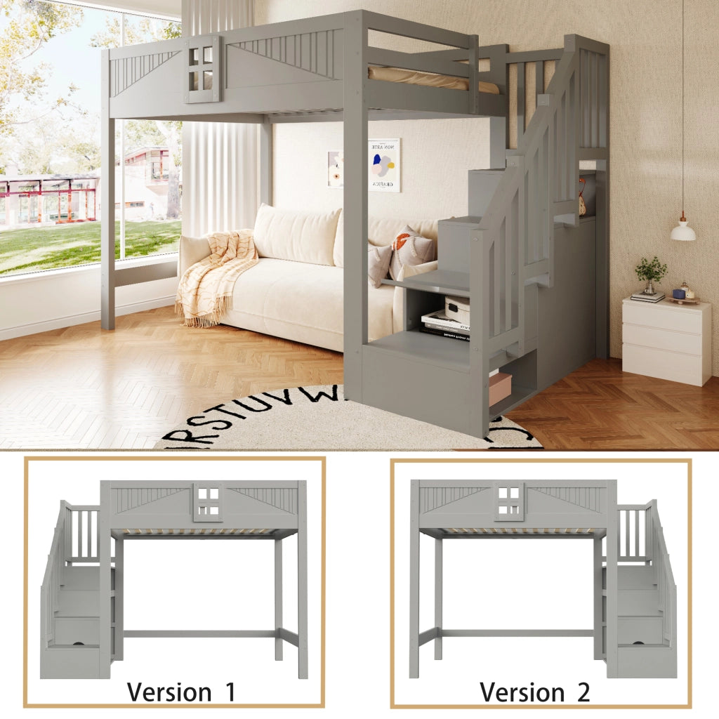 Letto a soppalco 140 x 200 cm - letto multifunzione con scaletta contenitore reversibile, contenitori e sponde con finestra - legno/MDF - grigio